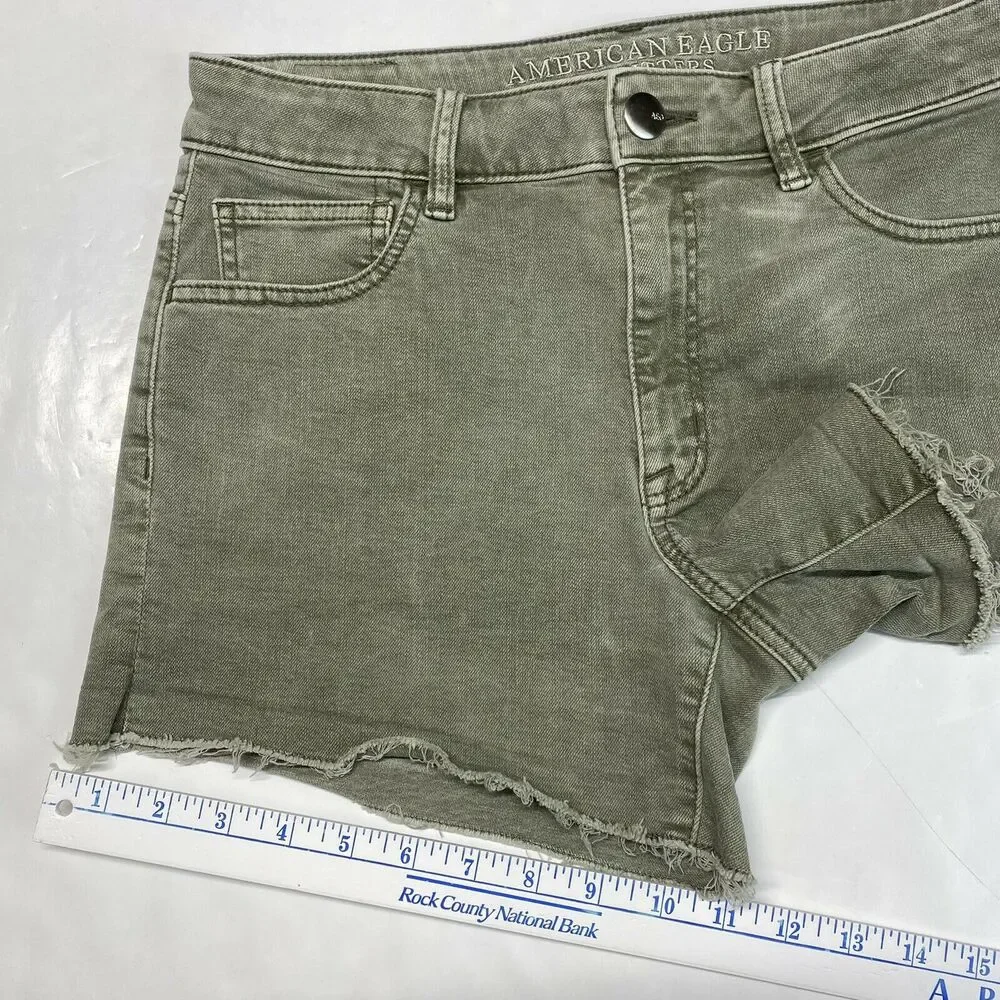 American Eagle Shorts Hi-Rise Shortie Sz 8 Super Super Stretch Green Denim Fray
